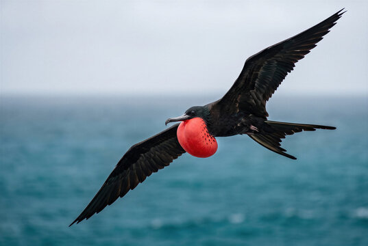 Soaring frigatebird seabird in flight over ocean, showing inflated red gular pouch, galapagos wildlife.
