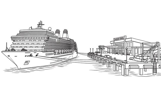 Cruise ship and port terminal white background.