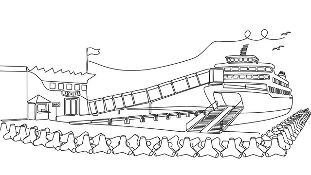 Cruise ship and terminal illustration white background.