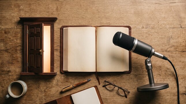 Open door to knowledge and podcasting concept with microphone and open book on wooden desk