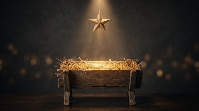 Empty wooden manger filled with straw illuminated by a single star and soft bokeh lights symbolizing the Nativity scene