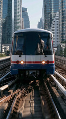 Obraz premium Urban Commute: A modern electric train glides through a bustling cityscape, its sleek design a stark contrast against the towering skyscrapers and intricate railway tracks.