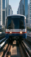 Obraz premium Urban Commute: A modern commuter train speeds through a bustling city, framed by towering skyscrapers, capturing the dynamic rhythm of urban transportation.