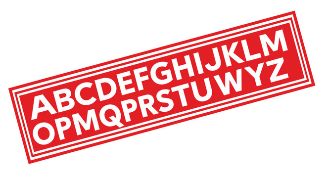 Bold red stamp featuring uppercase alphabet letters arranged diagonally for graphic design and typography.
