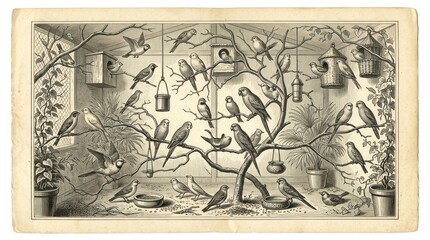 Fototapeta premium Modern Vintage Style of Diverse Birds Perched on Branches with Birdhouses Feeders and Potted Plants