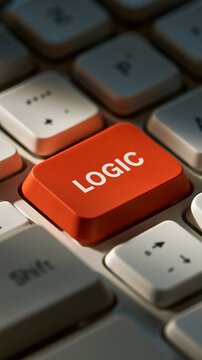 Logic Button on Keyboard: A close-up shot focuses on a bright orange key labeled LOGIC on a computer keyboard, highlighting the concept of rational thought and decision-making.