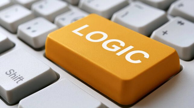 Logic Button on Keyboard: A close-up shot focuses on a prominent orange LOGIC key on a computer keyboard, symbolizing rational thought and problem-solving in the digital age.