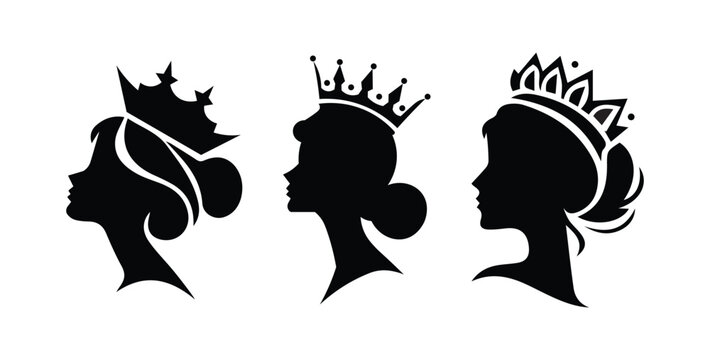 Royal queen profile silhouette icon set. Minimalist black vector graphic ideal for luxury beauty, princess, regal branding, cosmetics, fashion, and queen logo UI.