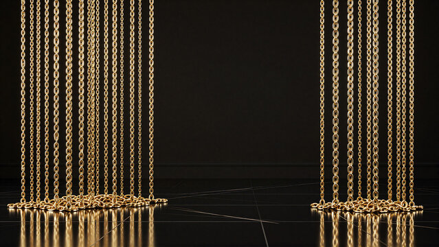 Golden vertical chains hanging in luxury dark interior