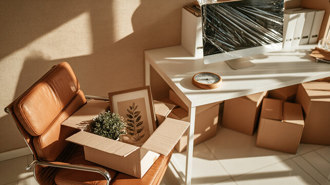 Office Relocation: Cardboard boxes and office supplies are neatly packed in an office chair, ready for a move, as sunlight streams through the window casting long shadows.