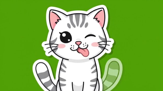 Kawaii Cartoon Grey Striped Cat Winking with Paw Raised on Green Screen. 4K Video
