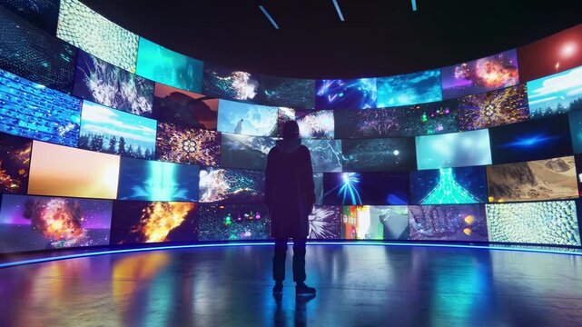 Wide-angle shot of a person facing a curved wall of vibrant video screens in a dark room.