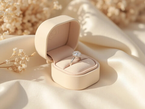 open light pink velvet jewelry box with solitaire diamond engagement ring, soft white fabric and floral branches