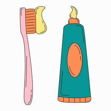 A pink toothbrush with yellow toothpaste paste applied alongside a teal tube of toothpaste.