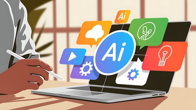 Illustrations of artificial intelligence concept with floating icons in colorful bubbles above a laptop screen