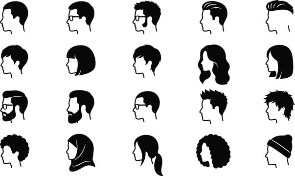 Male and female side profile head avatars with diverse trendy haircuts hairstyles beard types black silhouette shapes