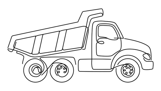 Dump truck line drawing on white background.