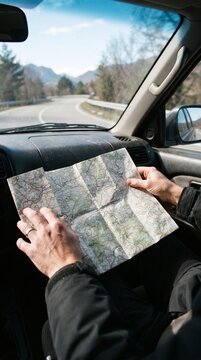 Man looking at a map while driving through mountains
