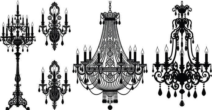 Vintage luxury crystal chandeliers candelabras and wall sconces black detailed silhouette icons set for interior lighting