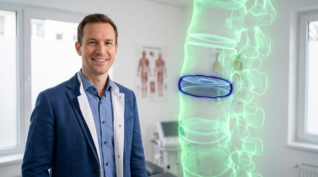 Smiling orthopedic specialist presenting a futuristic glowing 3D spine hologram with a highlighted blue herniated disc in a modern clinic