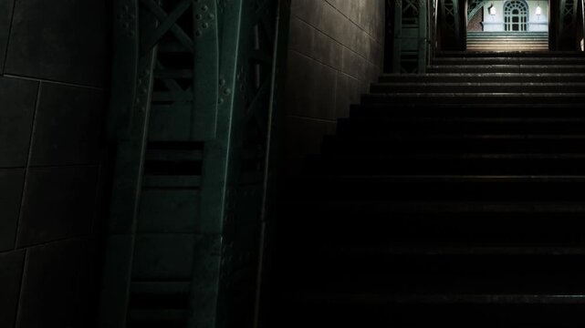 A staircase is shown leading upwards. The walls are tiled and dark. A light is visible on the ground. The top area is bright and has an open door.