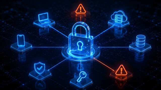 Advanced cybersecurity ecosystem with central blue padlock connecting to devices servers and red threat alert warnings