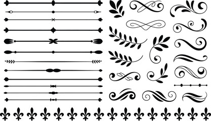 Decorative vector dividers flourishes calligraphic elements ornamental borders leaves fleur de lis set isolated background © MstSima