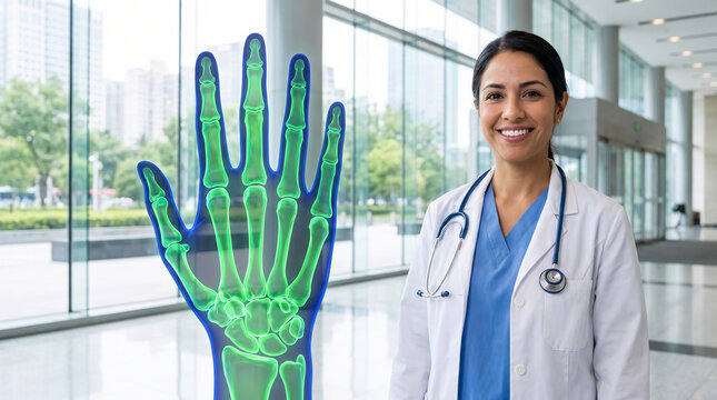 Professional female doctor standing in a modern medical clinic lobby next to a virtual green holographic hand skeleton projection scan