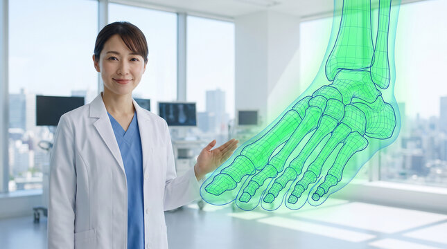 Smiling female surgeon examining holographic foot skeleton projection in a modern virtual reality digital medical clinic office setting