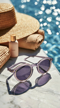 Poolside Serenity: Stylish sunglasses rest on a marble ledge beside a shimmering swimming pool, accompanied by a straw hat and sunscreen, evoking a sense of relaxed vacation luxury.