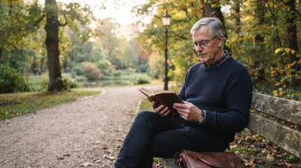 Obraz premium Elderly man reading a book on a park bench in autumn