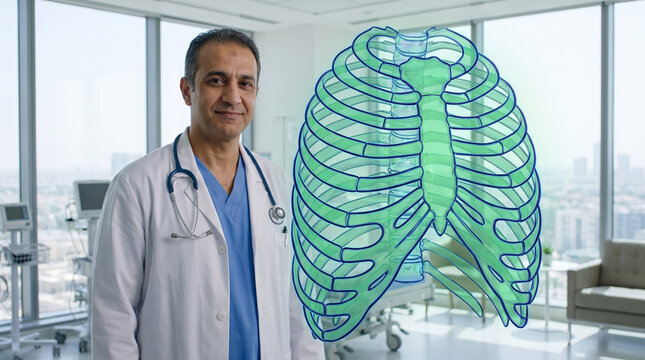Professional male doctor standing in modern hospital clinic next to a futuristic green hologram of a human rib cage skeleton anatomy