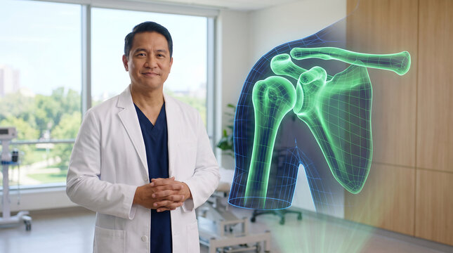 Portrait of male orthopedic surgeon doctor standing in clinic next to virtual futuristic glowing green 3D hologram of human shoulder anatomy