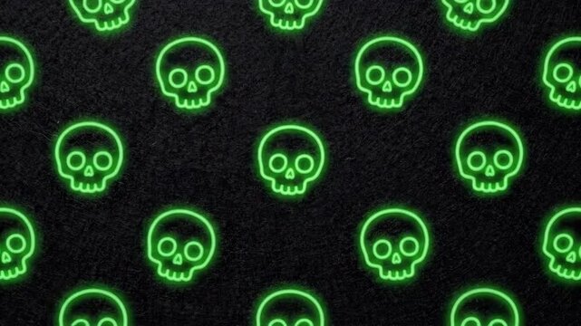 Eerie 4K Seamless Loop Green Neon Glowing Skulls Pattern Pulsing on a Dark Spooky Black Background for Halloween