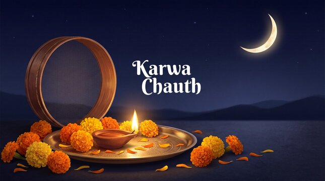 aesthetic karwa chauth greeting design with a traditional sieve, diya, marigold flowers, and a crescent moon against a dark blue night sky background