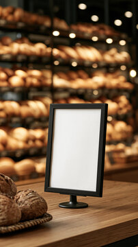 Bakery Display with Blank Sign: A warm, inviting bakery counter features a basket of crusty bread and a blank black frame sign, ready for a custom message.