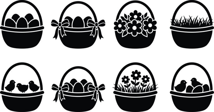 Easter Basket Silhouette Collection with Eggs, Flowers, Grass and Chicks for Spring Holiday Designs