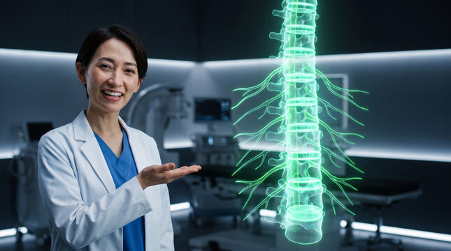 Smiling female Japanese surgeon presenting high tech green holographic human spine animation in futuristic medical operating room laboratory