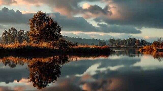 Low-angle tranquil lake landscape in cinematic style, serene video scene with moody clouds. Live desktop wallpaper.