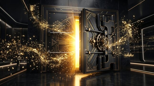 Open Futuristic Digital Vault Door Revealing Golden Light and High-Tech Data Particles