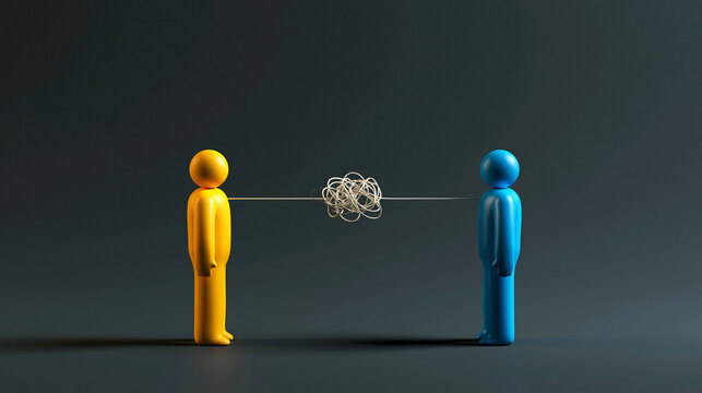 Communication Breakdown: Two stylized figures, one yellow and one blue, stand facing each other with a tangled line of abstract shapes representing a communication barrier between them.