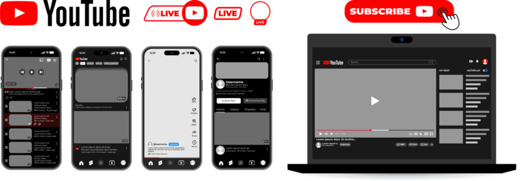 Dark mode YouTube video interface mockups shown on mobile devices, laptop screen featuring a subscribe button, and social media layout assets for the YouTube platform