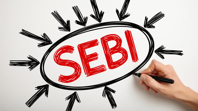 Regulation and Control: The word SEBI is written in bold red letters inside an oval, surrounded by black arrows pointing inward, symbolizing regulation, oversight, and control in the financial market.