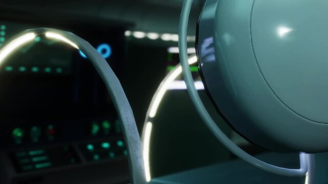 A close up of a modern vehicle cockpit. Display screens glow softly with information. The round chair has a sleek design. The setting feels advanced and high tech.