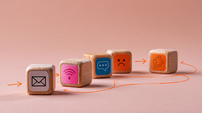 Digital Communication Evolution: Wooden blocks with communication icons, from email to social media, represent the progression of digital connectivity, illustrating its impact on human interaction.