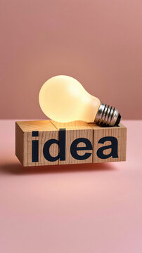 Illuminated Idea: A glowing light bulb rests atop wooden blocks spelling out the word idea, symbolizing innovation and creative thought on a soft pink background.