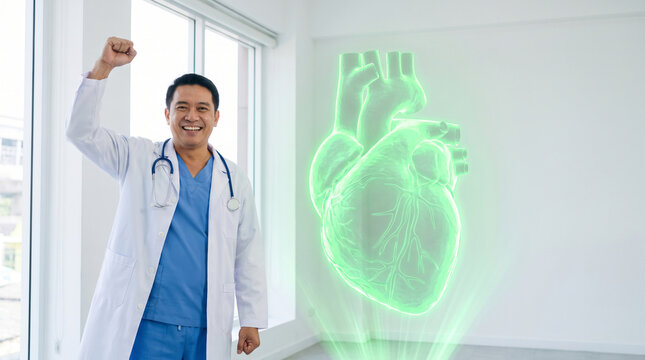 Happy Asian cardiologist celebrating successful surgery beside a glowing green digital holographic human heart model in a modern medical clinic