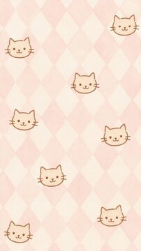 Top-down view of a pastel pink diamond pattern with cute cat faces. Ideal for a playful video background or whimsical design projects. Live mobile wallpaper.