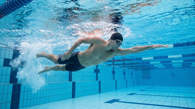 Man swimming freestyle stroke underwater in a blue swimming pool.