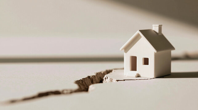 Fragile Foundation: A miniature house stands precariously on the edge of a deep fissure in the ground, symbolizing the instability and potential danger facing homes and communities.